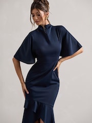 Club L London Blue Lavinia High Neck Flutter Sleeve Asymmetric Maxi Dress - Image 5 of 5