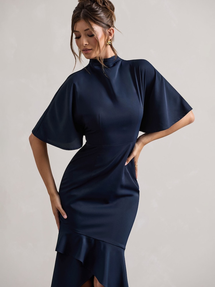 Club L London Blue Lavinia High Neck Flutter Sleeve Asymmetric Maxi Dress - Image 5 of 5
