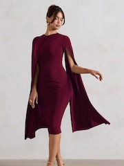 Club L London Burgundy Red Marysol Asymmetric  Cape Midi Dress - Image 1 of 6