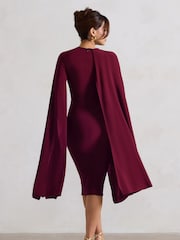 Club L London Burgundy Red Marysol Asymmetric  Cape Midi Dress - Image 2 of 6