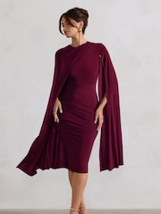 Club L London Burgundy Red Marysol Asymmetric  Cape Midi Dress - Image 3 of 6