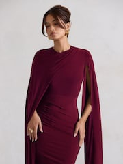 Club L London Burgundy Red Marysol Asymmetric  Cape Midi Dress - Image 5 of 6