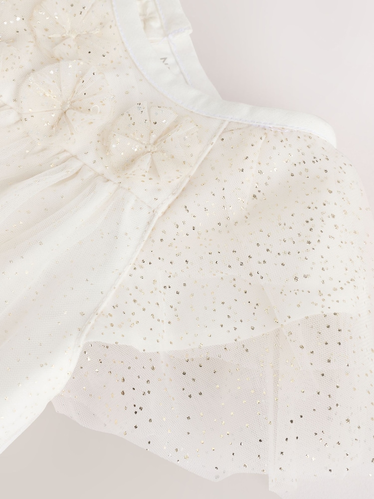 White Mesh Sparkle Frill Shoulder Baby Dress (0mths-2yrs) - Image 4 of 6