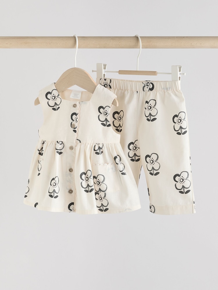 Black/White Floral Baby Printed Baby Sleeveless Top and Trouser 2 Piece Set (0mths-2yrs) - Image 1 of 11