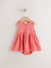 Red/Pink Gingham Baby Broderie Woven Integral 100% Cotton Dress (0mths-2yrs) - Image 1 of 5
