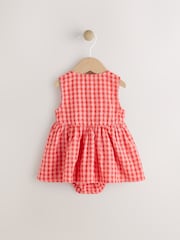 Red/Pink Gingham Baby Broderie Woven Integral 100% Cotton Dress (0mths-2yrs) - Image 2 of 5