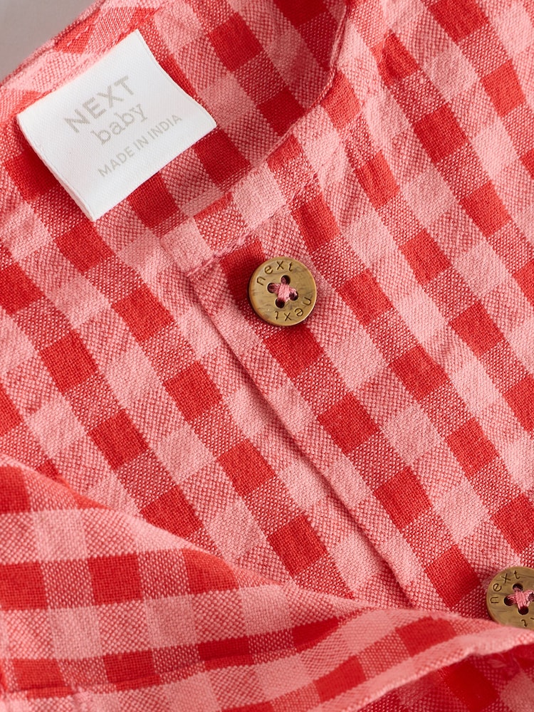 Red/Pink Gingham Baby Broderie Woven Integral 100% Cotton Dress (0mths-2yrs) - Image 3 of 5