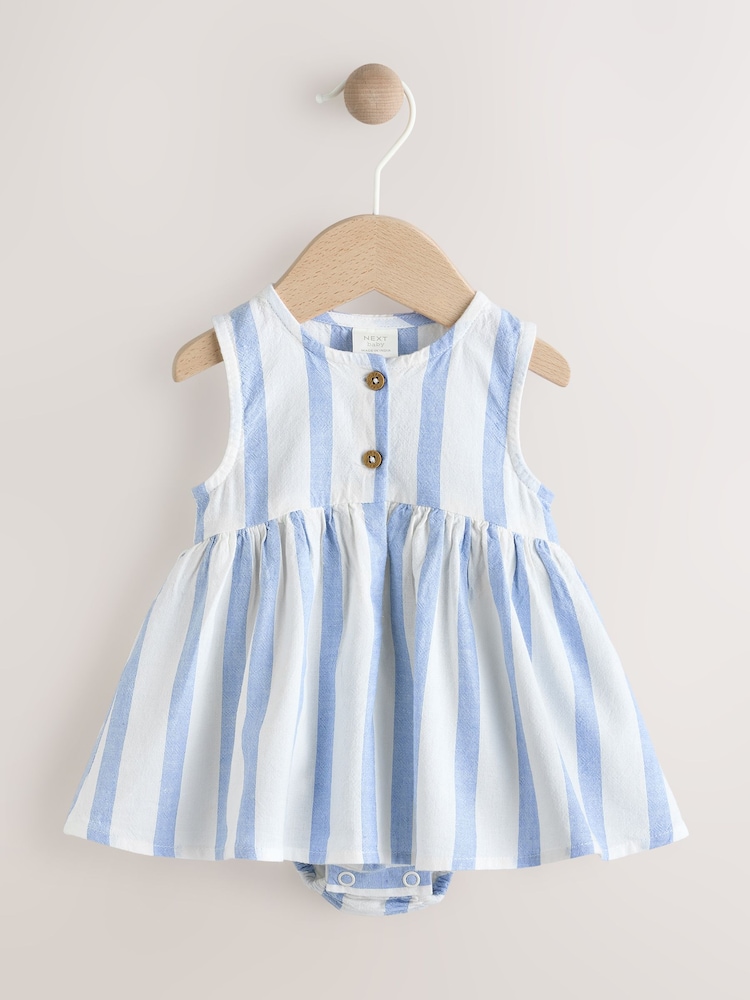 Blue/White Stripe Baby Broderie Woven Integral 100% Cotton Dress (0mths-2yrs) - Image 1 of 10