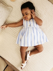 Blue/White Stripe Baby Broderie Woven Integral 100% Cotton Dress (0mths-2yrs) - Image 3 of 10