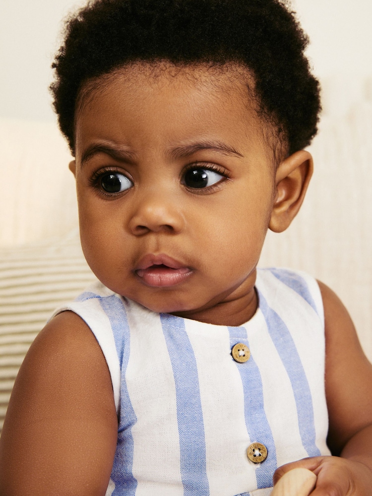 Blue/White Stripe Baby Broderie Woven Integral 100% Cotton Dress (0mths-2yrs) - Image 5 of 10