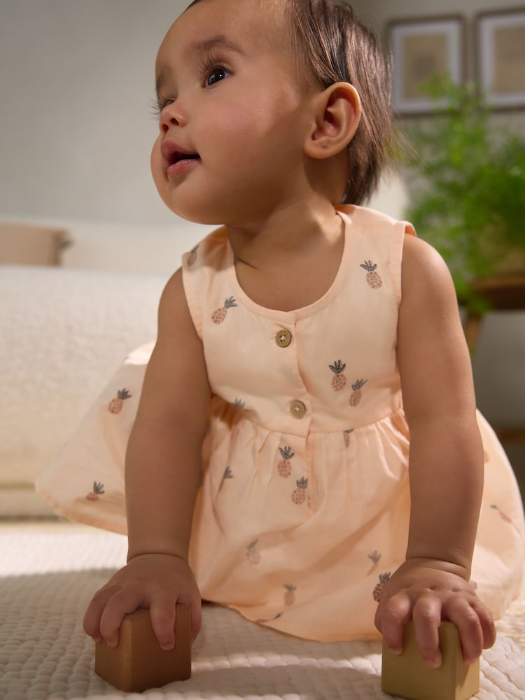 Monochrome Fruit Printed Baby Broderie Woven Integral 100% Cotton Dress (0mths-2yrs) - Image 2 of 8
