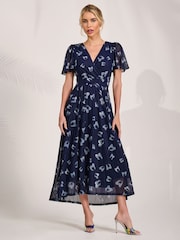 Jolie Moi Blue Mesh Angel Sleeve Midaxi Dress - Image 1 of 6