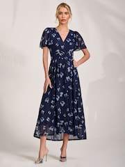 Jolie Moi Blue Mesh Angel Sleeve Midaxi Dress - Image 5 of 6