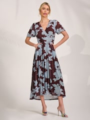 Jolie Moi Brown Mesh Angel Sleeve Midaxi Dress - Image 4 of 6