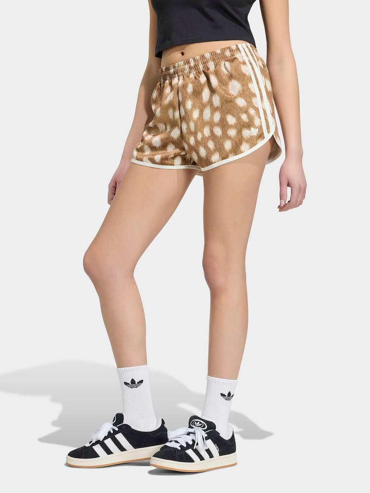 adidas Originals Light Brown Bambi Print Satin Sprinter Shorts - Image 1 of 6 adidas Originals Light Brown Bambi Print Satin Sprinter Shorts - Image 1 of 6