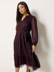 M&Co Purple Petite Ditsy Print Long Sleeve Ruffle Dress - Image 1 of 6