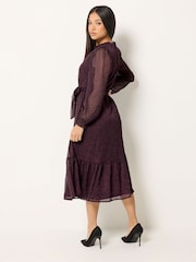 M&Co Purple Petite Ditsy Print Long Sleeve Ruffle Dress - Image 2 of 6