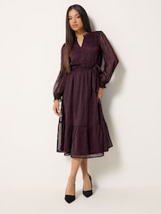 M&Co Purple Petite Ditsy Print Long Sleeve Ruffle Dress - Image 3 of 6