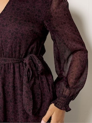 M&Co Purple Petite Ditsy Print Long Sleeve Ruffle Dress - Image 4 of 6