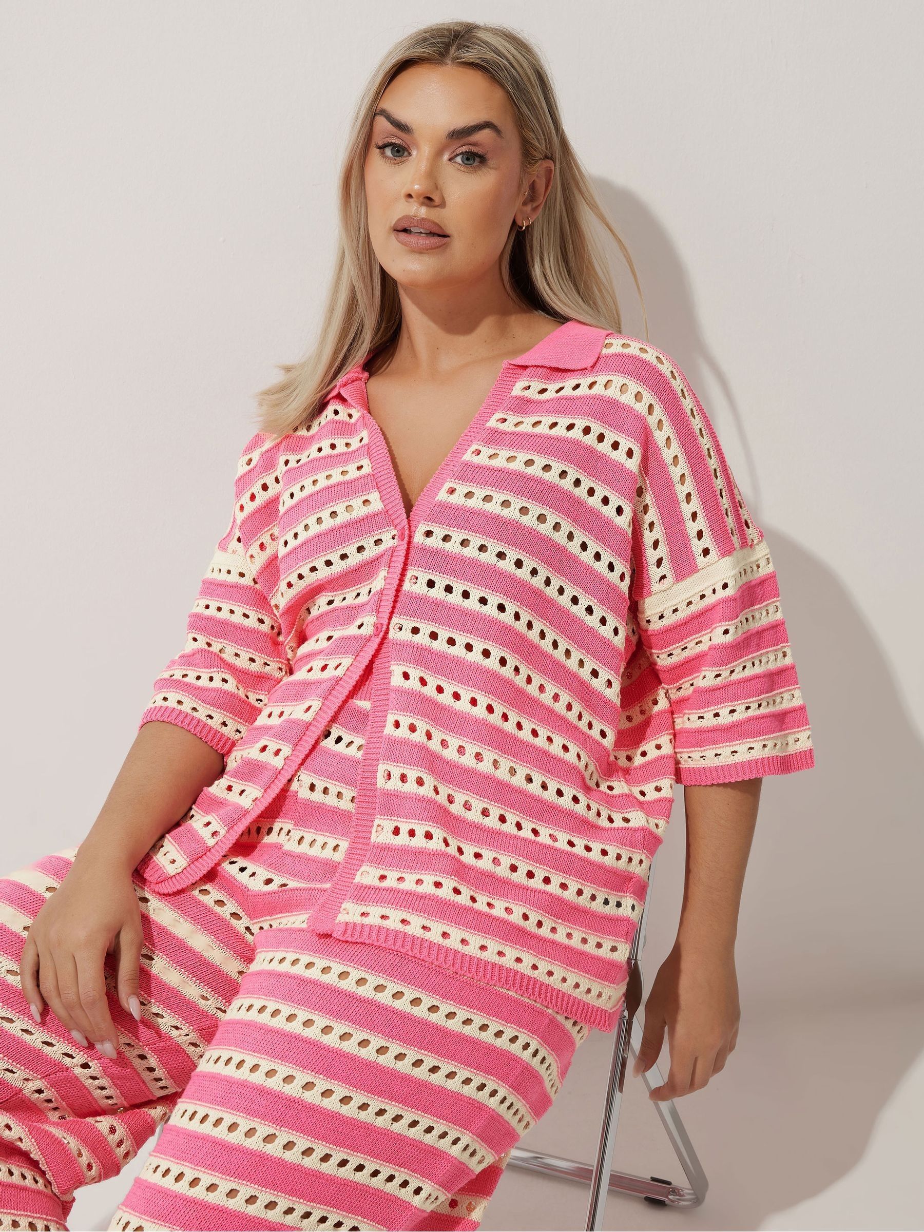 Yours Curve Women's Pink Limited Stripe Crochet Shirt - Image 1