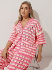 Yours Curve Pink Limited Stripe Crochet Shirt - Image 1 of 6