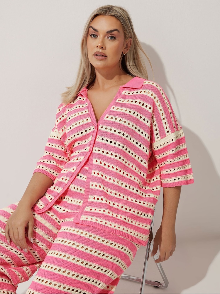 Yours Curve Pink Limited Stripe Crochet Shirt - Image 1 of 6 Yours Curve Pink Limited Stripe Crochet Shirt - Image 1 of 6