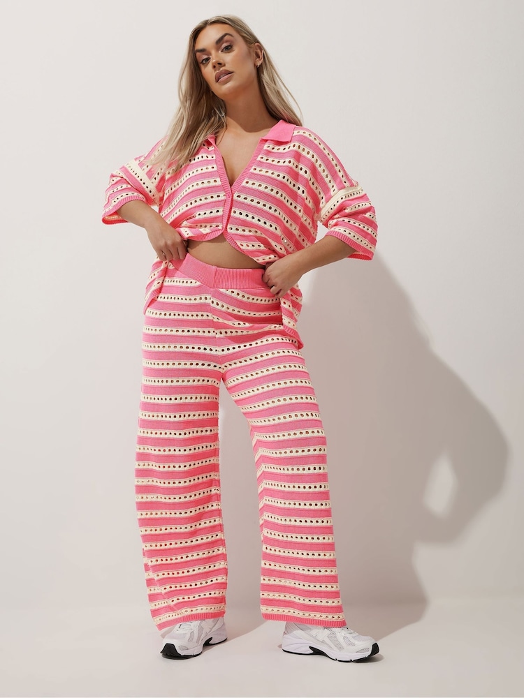 Yours Curve Pink Limited Stripe Crochet Shirt - Image 2 of 6 Yours Curve Pink Limited Stripe Crochet Shirt - Image 2 of 6