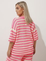 Yours Curve Pink Limited Stripe Crochet Shirt - Image 4 of 6