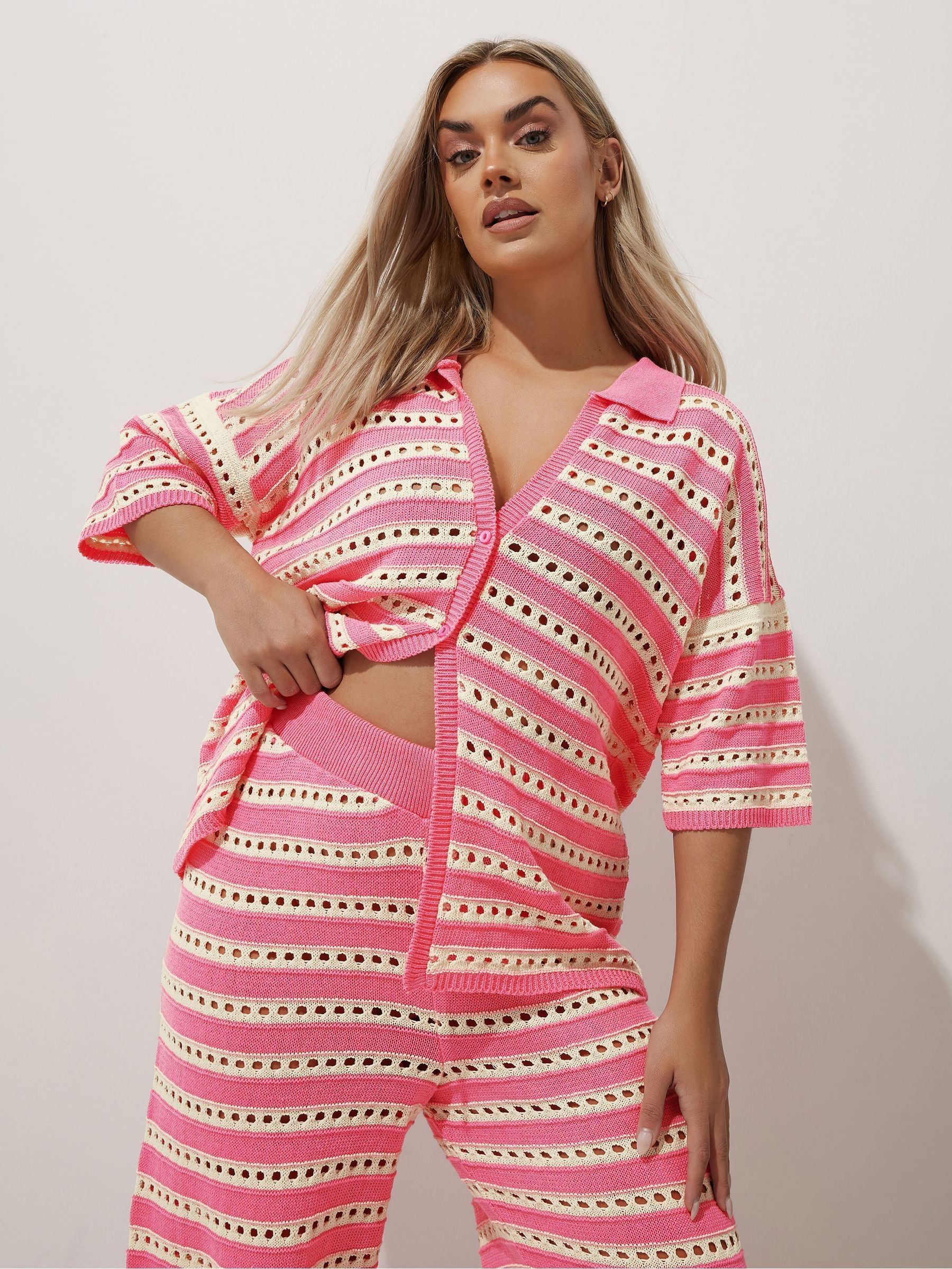 Buy Yours Curve Pink Limited Stripe Crochet Shirt from Next USA