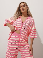 Yours Curve Pink Limited Stripe Crochet Shirt - Image 5 of 6