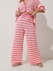 Yours Curve Pink Limited Stripe Crochet Wide Leg Trousers - Image 1 of 5