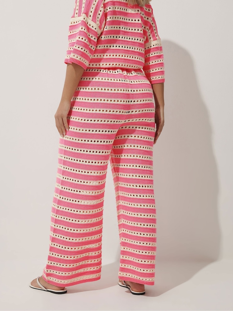 Yours Curve Pink Limited Stripe Crochet Wide Leg Trousers - Image 2 of 5 Yours Curve Pink Limited Stripe Crochet Wide Leg Trousers - Image 2 of 5