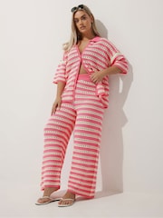 Yours Curve Pink Limited Stripe Crochet Wide Leg Trousers - Image 3 of 5
