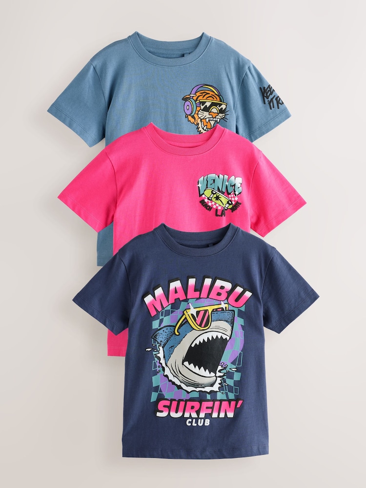 Blau/Rosa, Sommer-Prints - Kurzarm-T-Shirts mit Grafik in normaler Passform aus 100 % Baumwolle im 3er-Pack (3–16 Jahre) - Bild 1 von 8