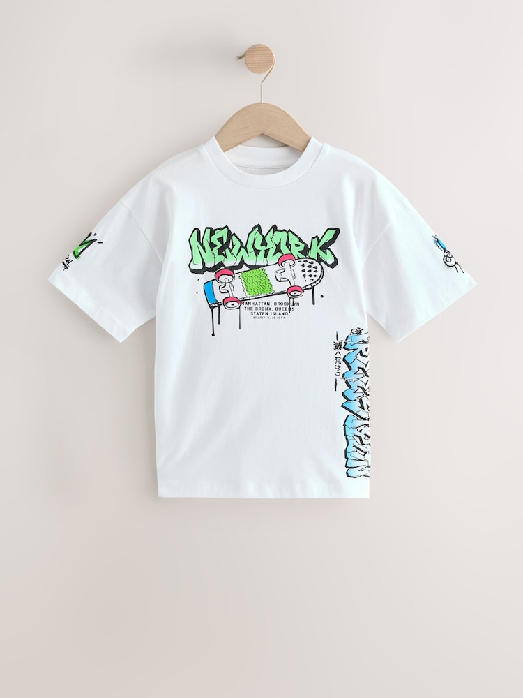 Black/White/Grey Relaxed Fit Graphic Print Short Sleeve T-Shirts 3 Pack (3-16yrs) - Image 3 of 9