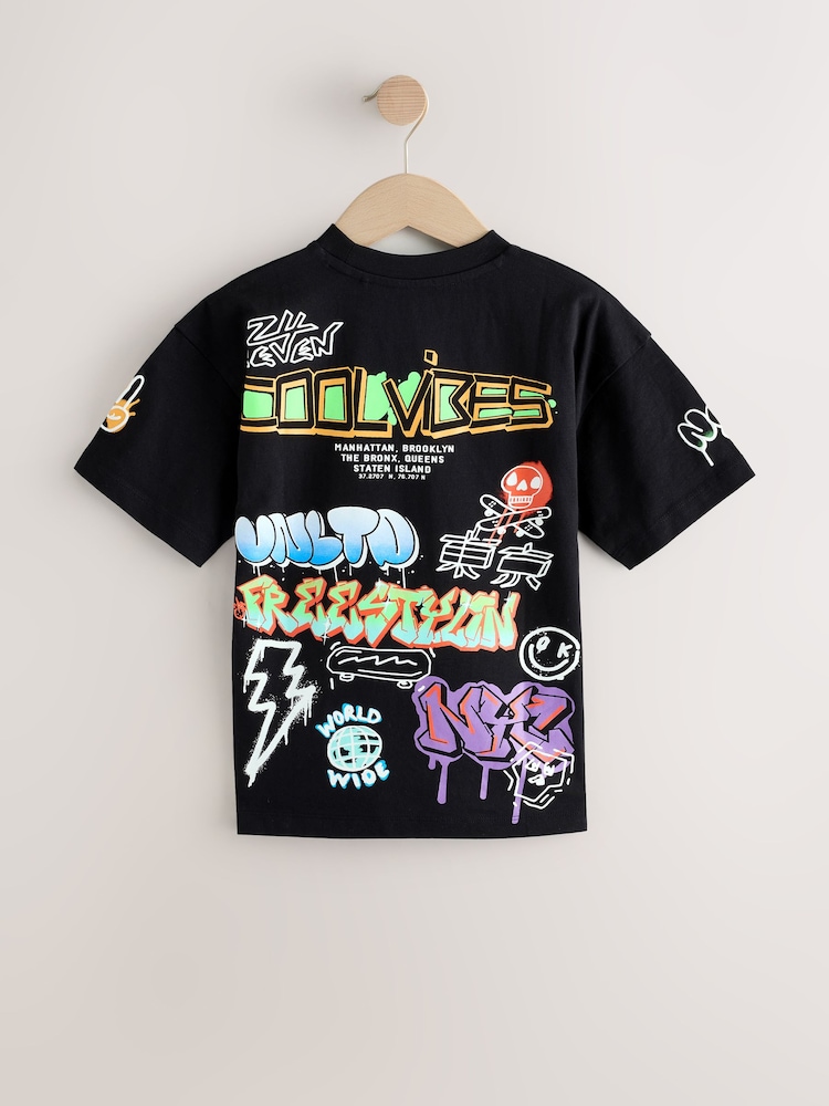Black/White/Grey Relaxed Fit Graphic Print Short Sleeve T-Shirts 3 Pack (3-16yrs) - Image 5 of 9