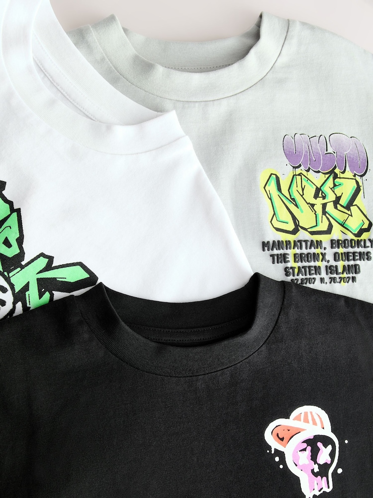 Black/White/Grey Relaxed Fit Graphic Print Short Sleeve T-Shirts 3 Pack (3-16yrs) - Image 6 of 9