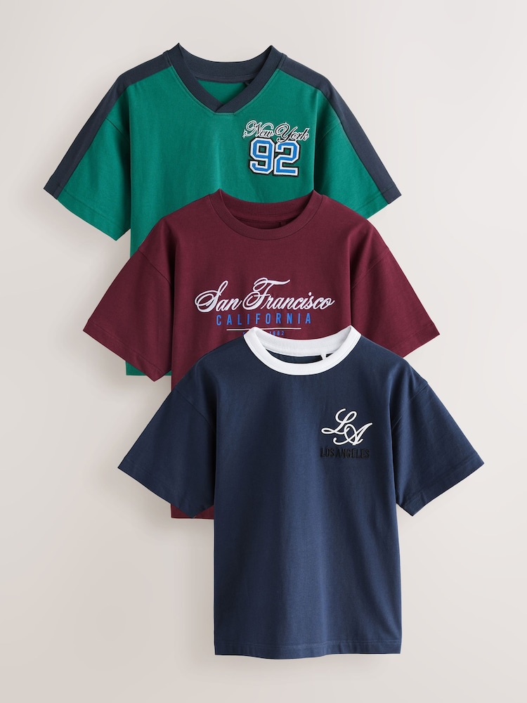 Blue/Green Embroidery Sports Relaxed Fit Graphic Print Short Sleeve 100% Cotton T-Shirts 3 Pack (3-16yrs) - Image 1 of 7