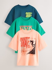 Fluro koralna/modra/zelena skate - Sproščeno prilegajoča se grafična majica s kratkimi rokavi 100% Bombažne majice 3 Pack (3-16yrs) - Slika 1 iz 8
