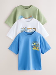 Blue/White/Green Dino Relaxed Fit Graphic Print Short Sleeve 100% Cotton T-Shirts 3 Pack (3-16yrs) - Image 1 of 7