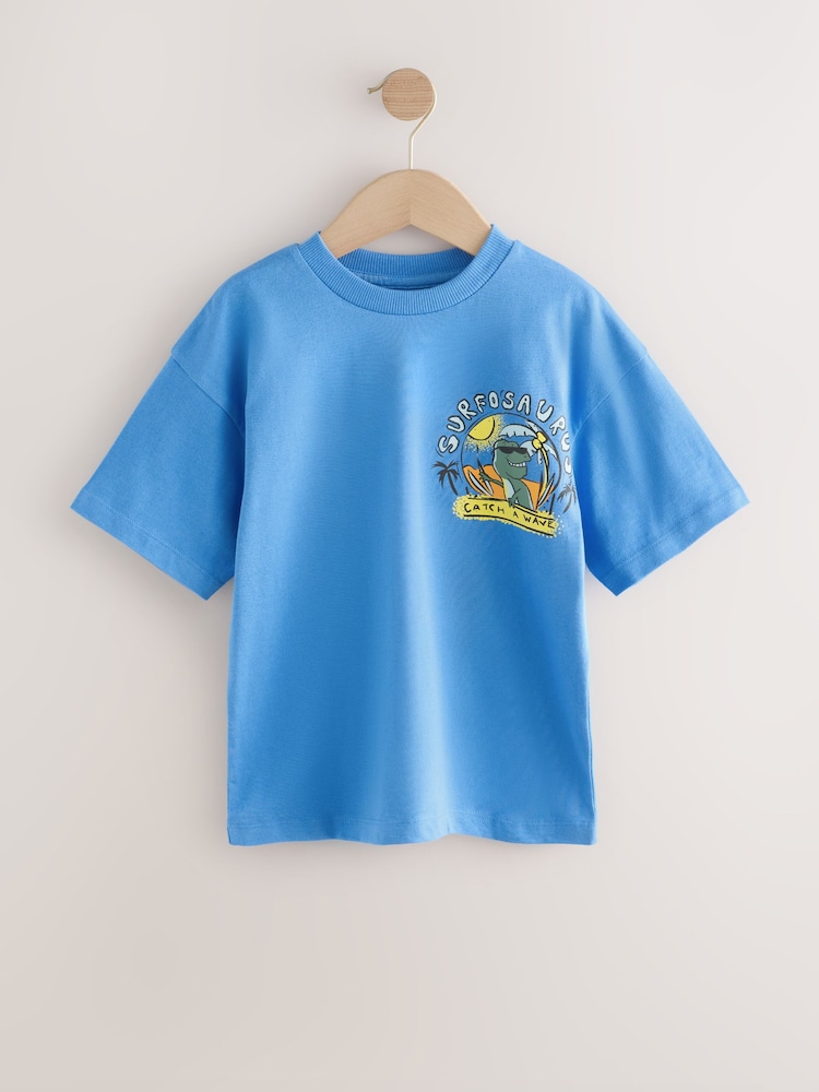 Blue/White/Green Dino Relaxed Fit Graphic Print Short Sleeve 100% Cotton T-Shirts 3 Pack (3-16yrs) - Image 2 of 7
