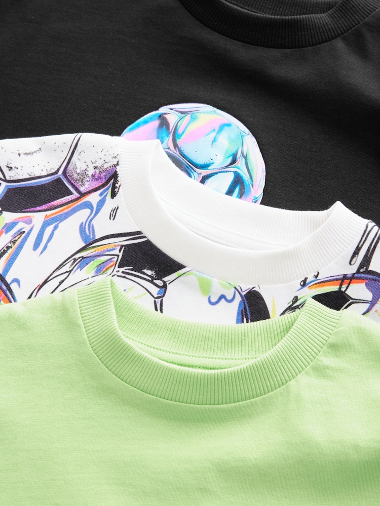Noir/Blanc/Vert Football - Relaxed Fit Graphic Print Short Sleeve 100% Cotton T-Shirts 3 Pack (3-16yrs) - Image 6 of 7
