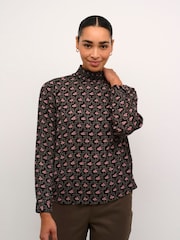 Kaffe KAamber High Smock Neck Print Black Blouse - Image 1 of 6