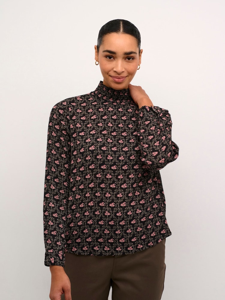 Kaffe KAamber High Smock Neck Print Black Blouse - Image 1 of 6