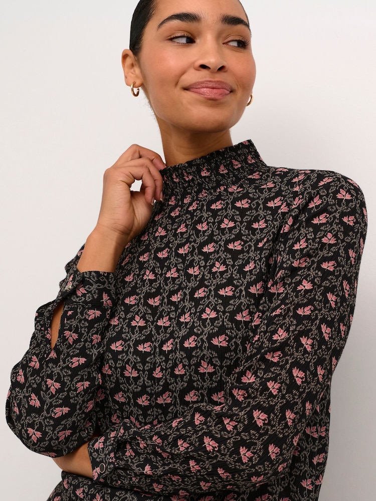 Kaffe KAamber High Smock Neck Print Black Blouse - Image 2 of 6