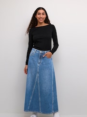 Kaffe A-Line Fit Blue Kahera Denim Maxi 100% Cotton Skirt - Image 1 of 6