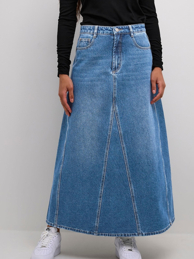 Kaffe A-Line Fit Blue Kahera Denim Maxi 100% Cotton Skirt - Image 2 of 6
