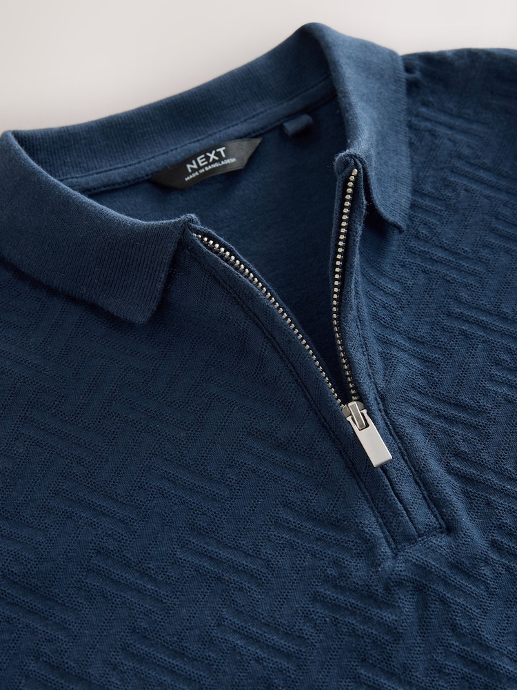 Navy Blue 100% Cotton Textured Short Sleeve Polo Shirt (3-16yrs) - Image 3 of 4