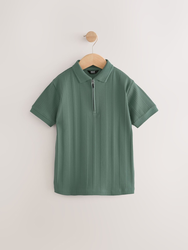 Green Textured Short Sleeve Quarter Zip Polo Shirt (3-16yrs) - Image 1 of 4