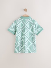 Mint Green Geo Zip Neck Short Sleeve 100% Cotton Polo Shirt (3-16yrs) - Image 2 of 4